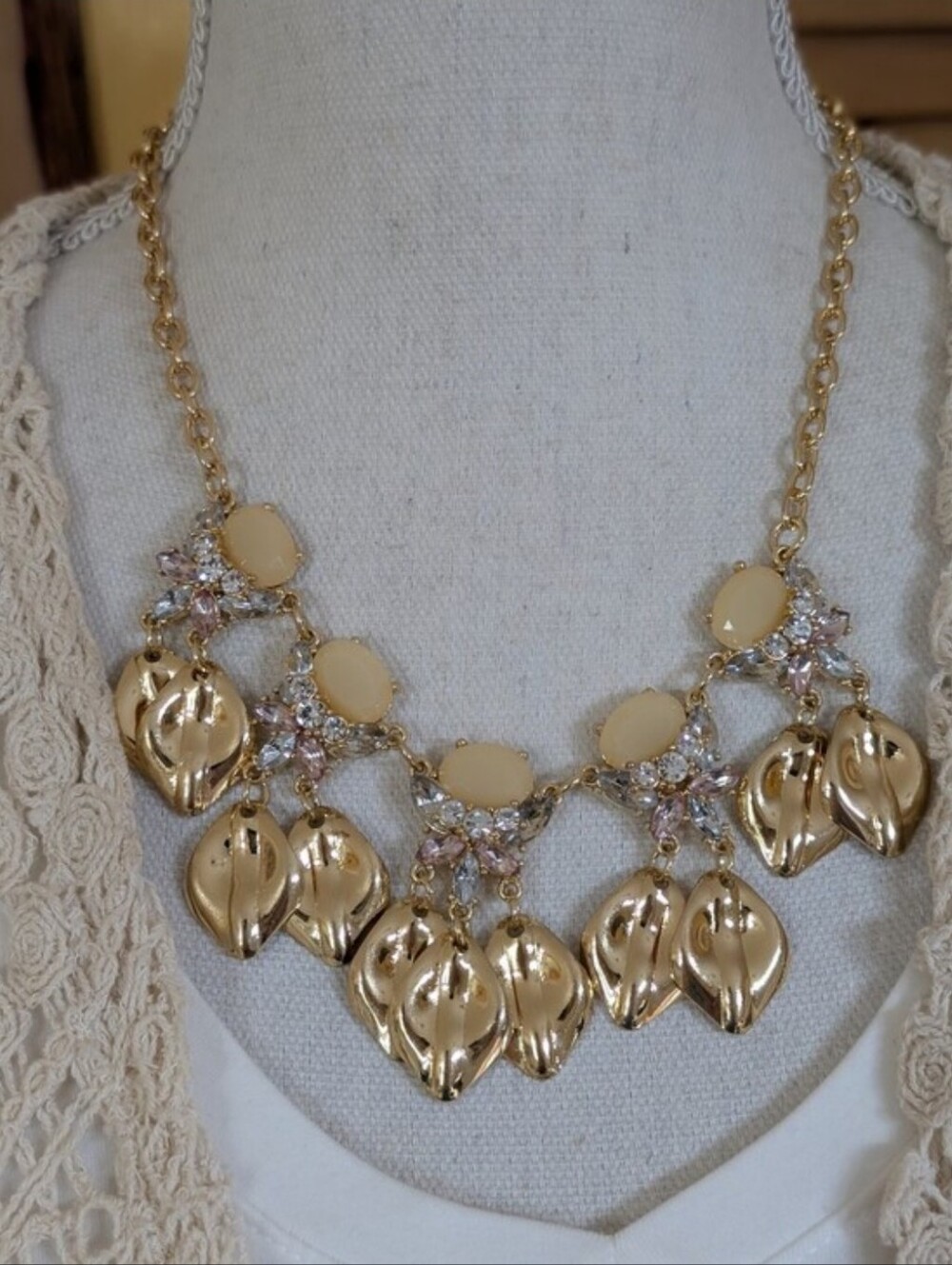 MACY'S Gold Metal w/ Pink Crystals Petal Statement Necklace NWT $45